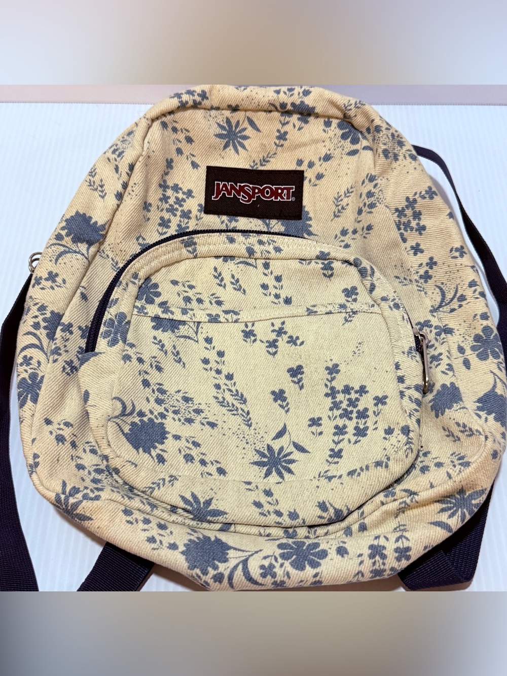 JanSport Beige/Blue Floral Backpack Zip Closure, Adjustable Straps